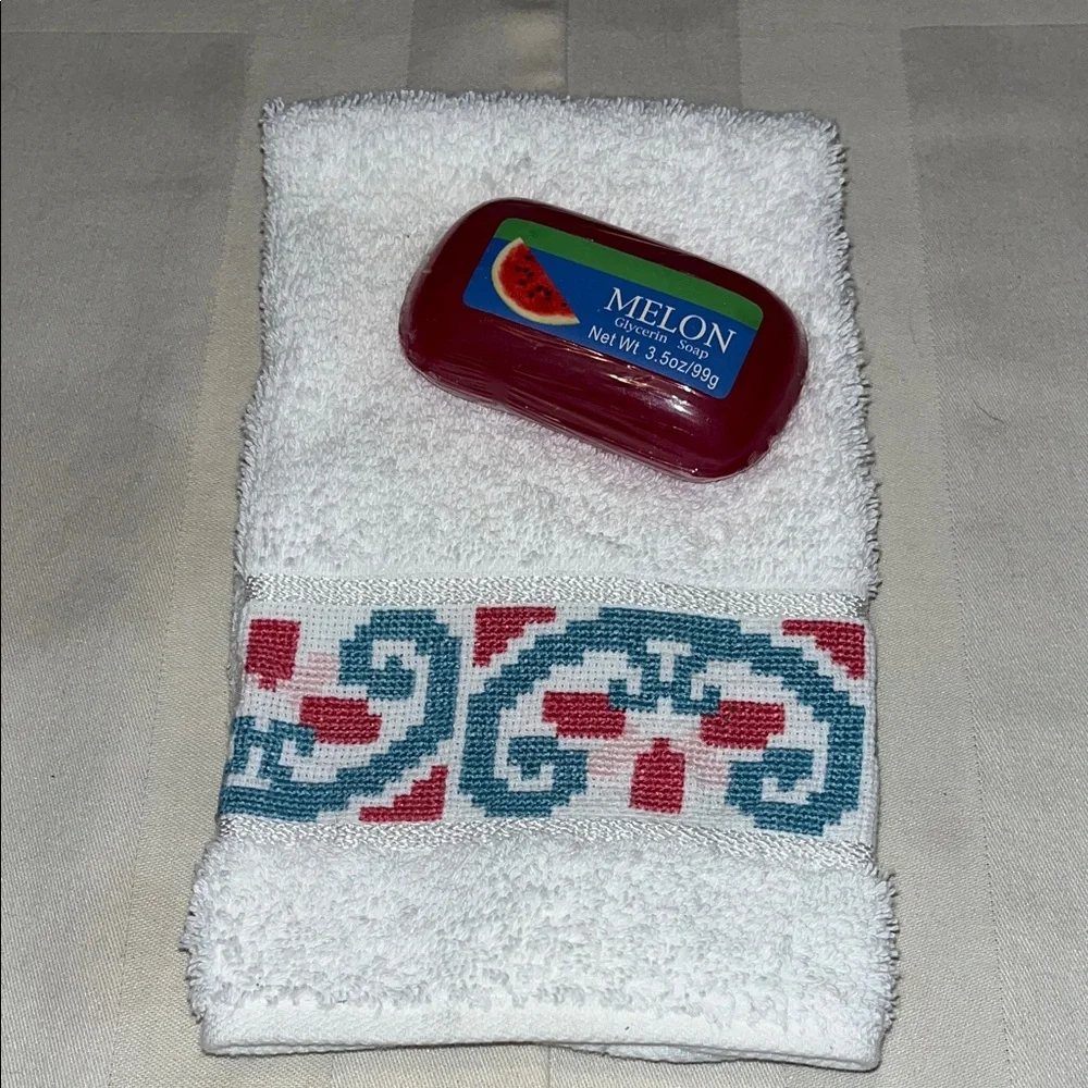 Decorative White Embroidered Hand Towel And Watermelon Scented Bar soap